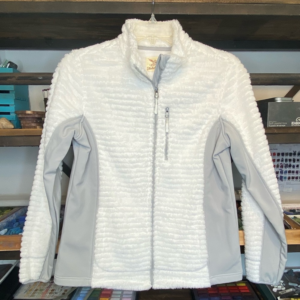 White and gray fuzzy light weight jacket